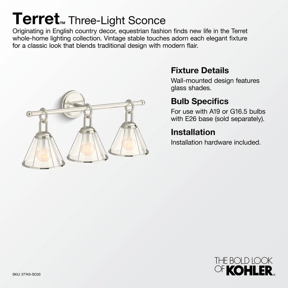 Terret 3-Light Brushed Moderne Brass Wall Sconce by KOHLER 4 Terret 3-Light Brushed Moderne Brass Wall Sconce by KOHLER - Image 4