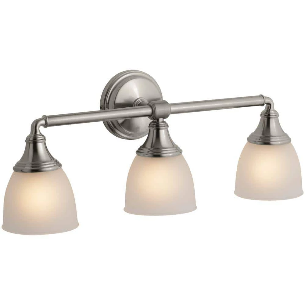 Devonshire 3 Light Brushed Nickel Indoor Bathroom Vanity Light Fixture, Position Facing Up or Down, UL Listed by KOHLER 1 Devonshire 3 Light Brushed Nickel Indoor Bathroom Vanity Light Fixture, Position Facing Up or Down, UL Listed by KOHLER