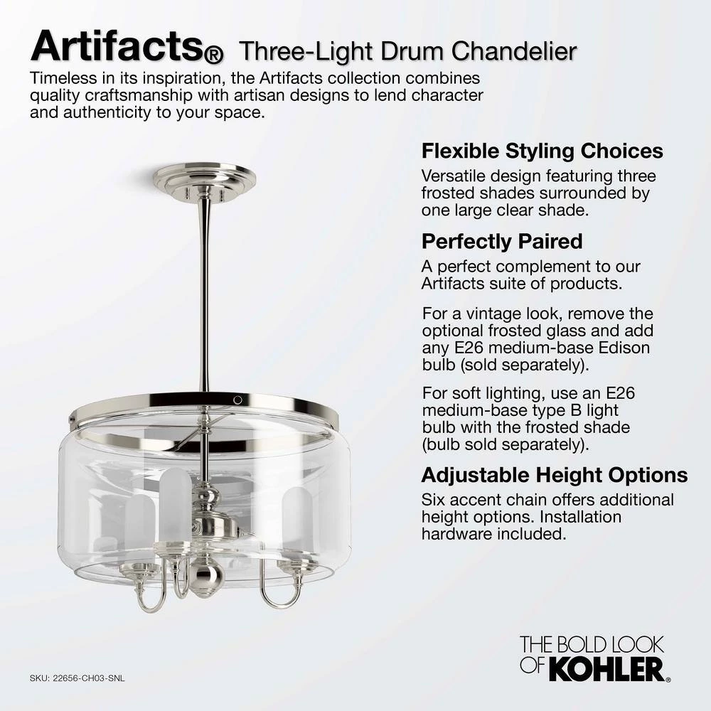 Artifacts 3-Light Polished Nickel Chandelier by KOHLER 7 Artifacts 3-Light Polished Nickel Chandelier by KOHLER - Image 7