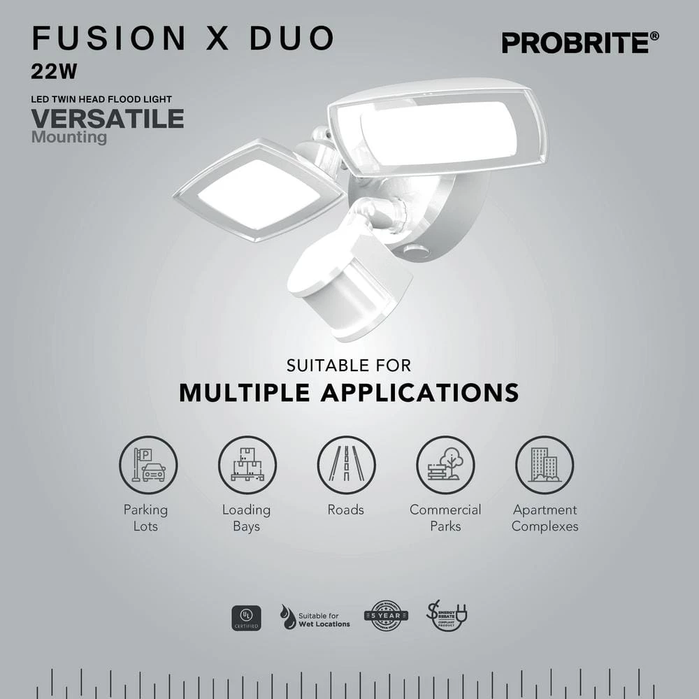 200-Watt Equivalent White Outdoor Integrated LED Flood Light, Twin Head Motion-Activated Flood Light 3000 Lumens by PROBRITE 4 200-Watt Equivalent White Outdoor Integrated LED Flood Light, Twin Head Motion-Activated Flood Light 3000 Lumens by PROBRITE - Image 4