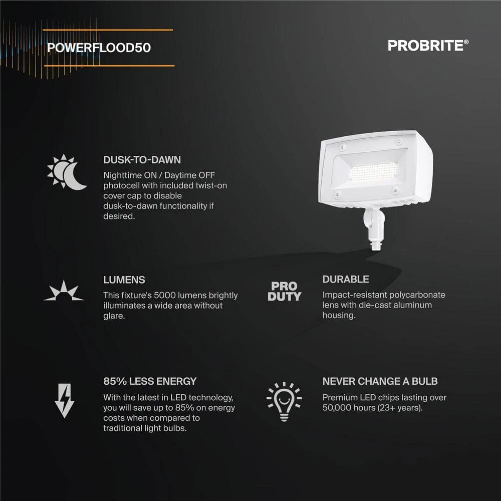 Powerflood 350-Watt Equivalent White Integrated LED Flood Light, 5000 Lumens, Dusk-Dawn Outdoor Security Light (2-Pack) by PROBRITE 2 Powerflood 350-Watt Equivalent White Integrated LED Flood Light, 5000 Lumens, Dusk-Dawn Outdoor Security Light (2-Pack) by PROBRITE - Image 2