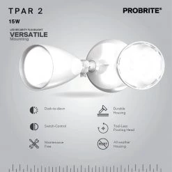 Twin-Head Directional White Outdoor Integrated LED Flood Light for Outdoor Security Lighting with Dusk to Dawn by PROBRITE -KOHLER Sale Store white probrite flood lights tpar2 pc wh 40 1000