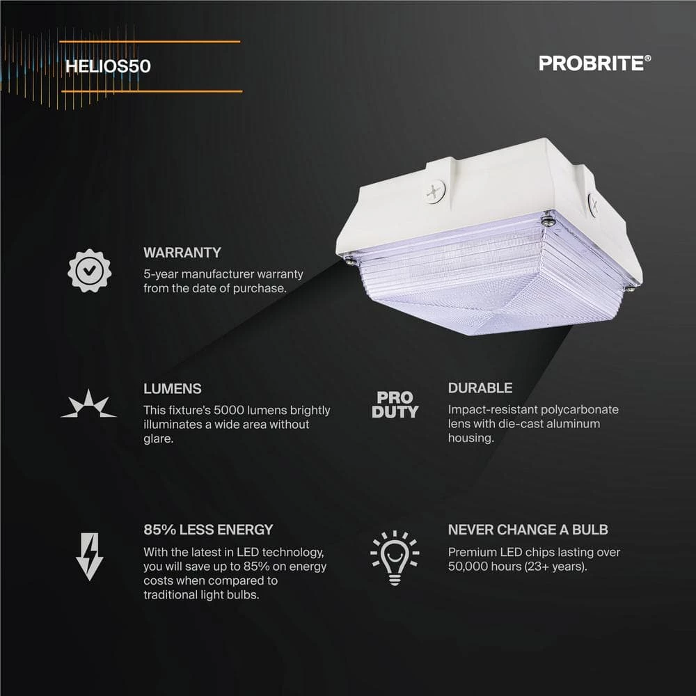 Helios 350-Watt Equivalent White Integrated Outdoor LED Light, 5200 Lumens, Ceiling/Canopy Security Lighting (2-Pack) by PROBRITE 2 Helios 350-Watt Equivalent White Integrated Outdoor LED Light, 5200 Lumens, Ceiling/Canopy Security Lighting (2-Pack) by PROBRITE - Image 2