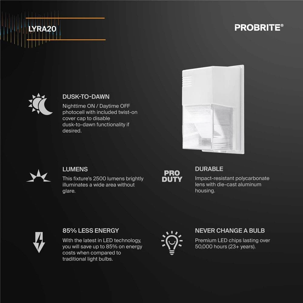 150-Watt Equivalent White Integrated Outdoor LED Wall Pack, 2500 Lumens, Dusk to Dawn Outdoor Security Light by PROBRITE 2 150-Watt Equivalent White Integrated Outdoor LED Wall Pack, 2500 Lumens, Dusk to Dawn Outdoor Security Light by PROBRITE - Image 2
